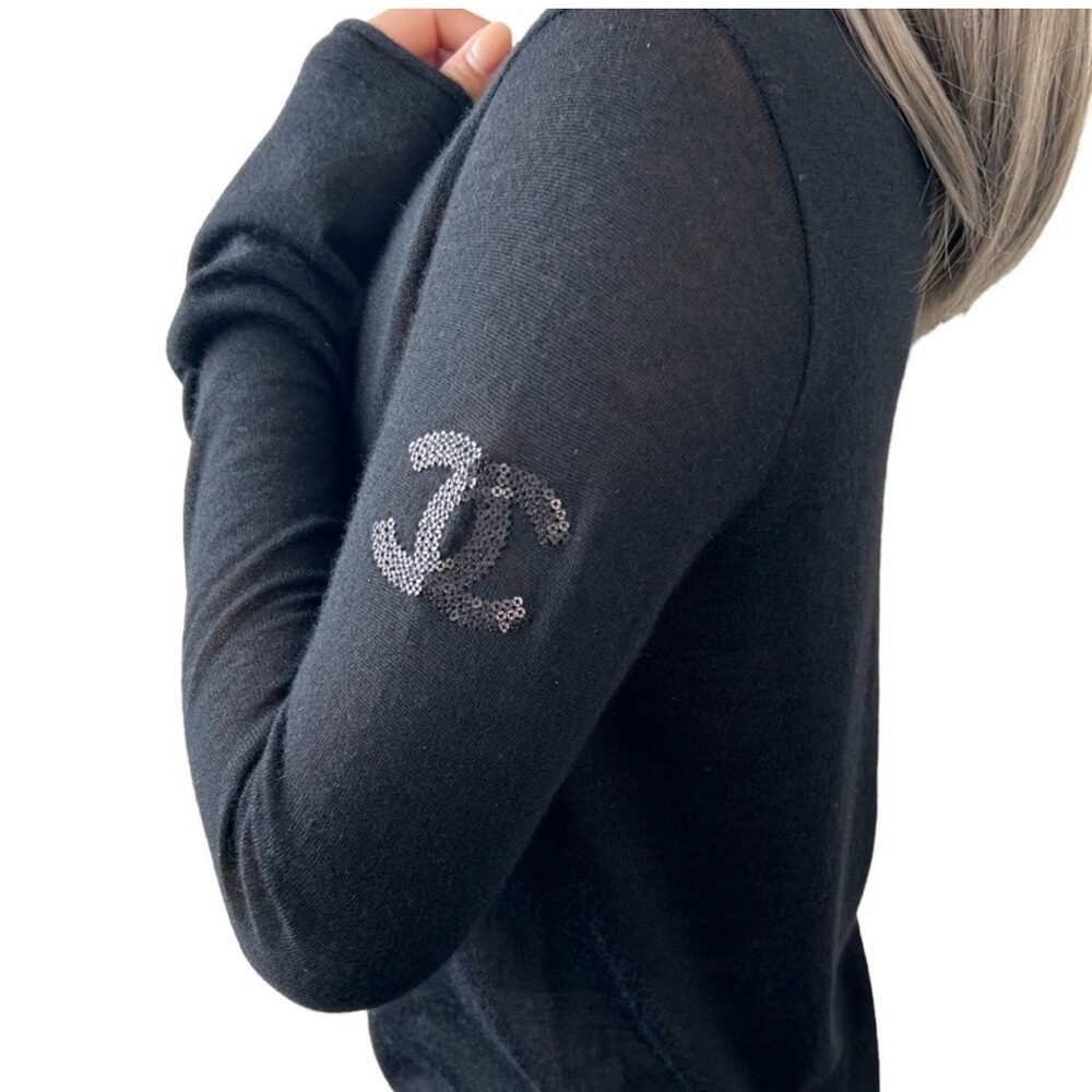 Chanel Black Sequin Logo Long Sleeve Tee